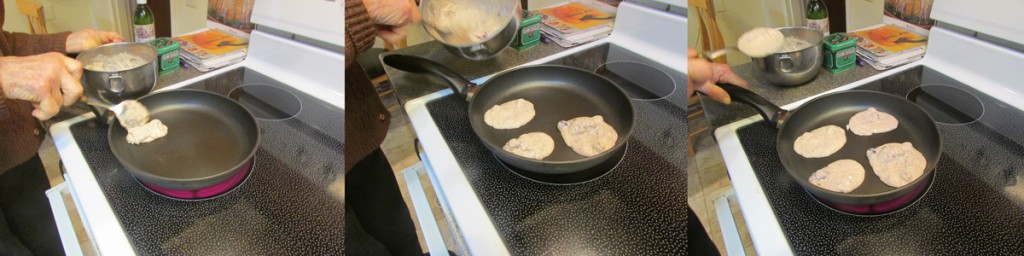 spooning pancake batter into pan
